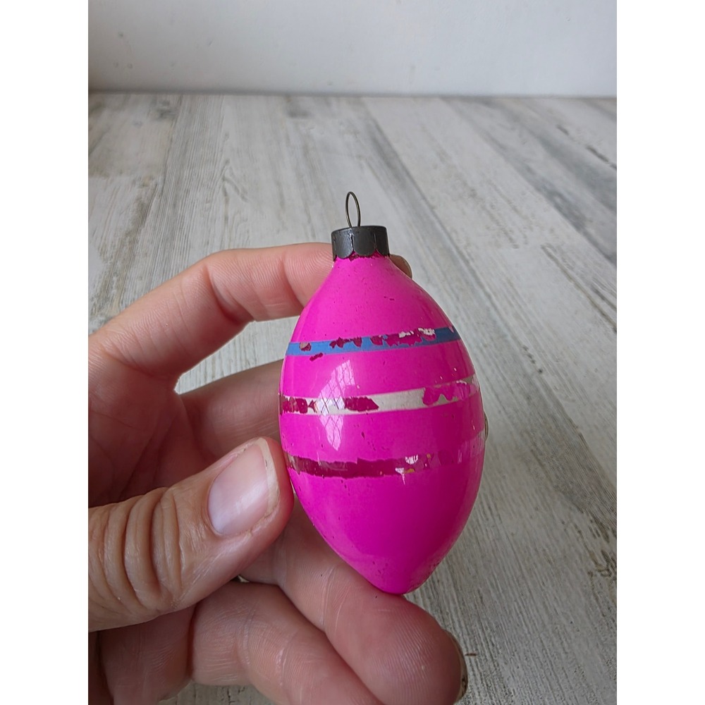 Vintage made in US of A Matte opaque teardrop pink blue striped glass ornament